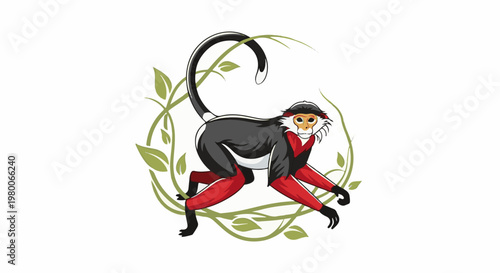 Vibrant cartoon monkey with red legs and white face, set against vines