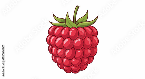 A vibrant cartoon illustration of a single red raspberry with green leaves and stem