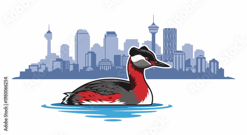 A stylized grebe floats on water with a city skyline in the background