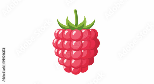 A vibrant, pink raspberry with green leaves and stem on a white background
