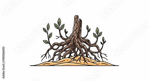 Gnarly roots emerging from sand, with new green shoots sprouting