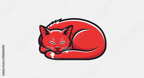 A stylized red cat curled up asleep on a light gray background