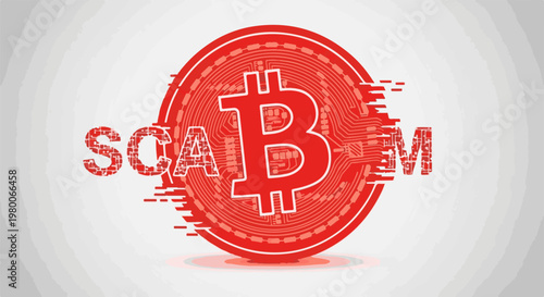 Digital currency symbol overlaid with 'scam' in distressed red font