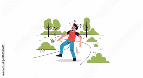 A dizzy individual stumbles along a path with trees and bushes