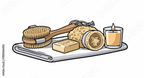 Bathroom spa set with brushes, soap, loofah, and candle