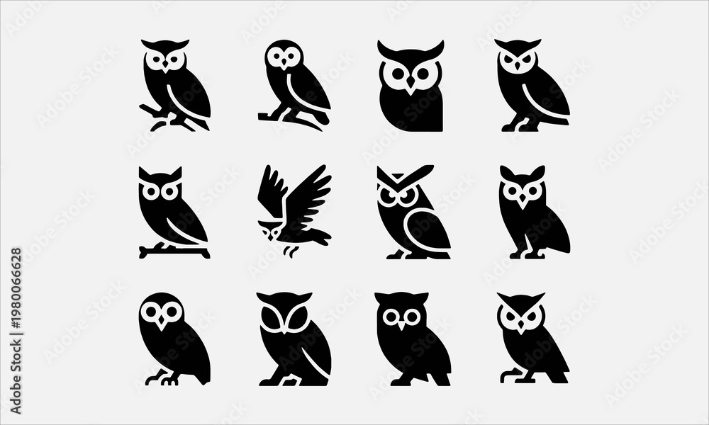 Fototapeta premium Owl Silhouette Vector Set Nocturnal Bird Icons Collection