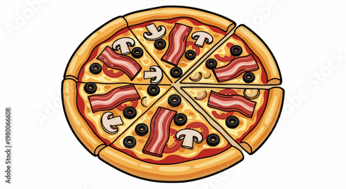A whole pizza, sliced into six pieces, topped with bacon, mushrooms, and olives