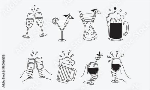 Party Cheers Doodle Icons Whimsy Line Art Drink & Toast Collection