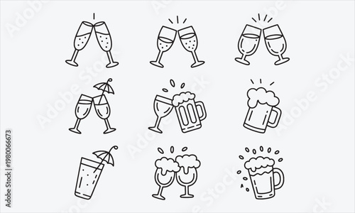 Party Cheers Doodle Icons Whimsy Line Art Drink & Toast Collection