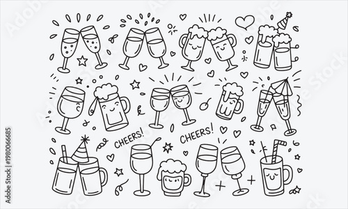 Party Cheers Doodle Icons Whimsy Line Art Drink & Toast Collection