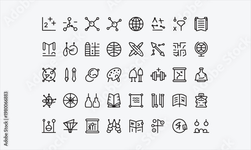 School Subjects icon set. Containing study subjects, math, science, language, chemistry, geography, philosophy, history, art, physical and more. Editable line2