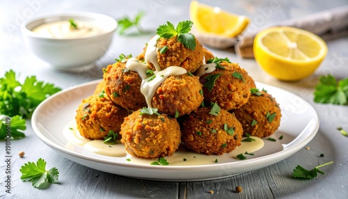 Delicious Falafel on White Plate with Dip.