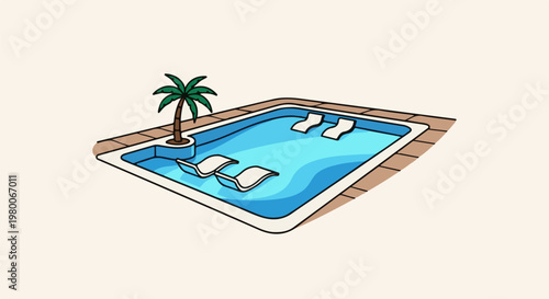 A tropical swimming pool with loungers and a palm tree