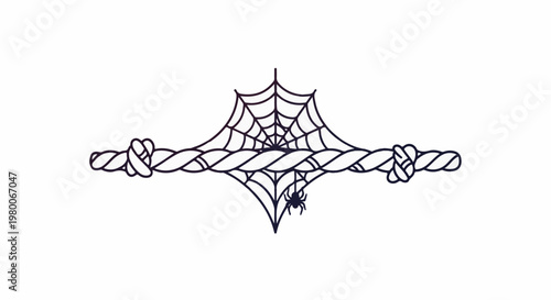 A spiderweb is strung between two knots on a thick rope