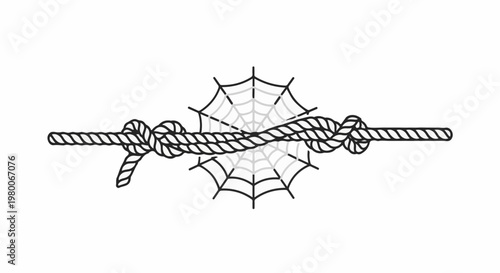A thick rope tied in knots is intertwined with a spiderweb