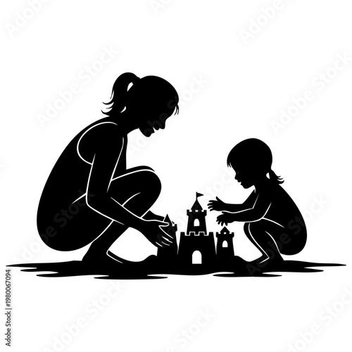 Silhouetted mother and child building sandcastle together, showcasing joyful family bonding, creative play, and cherished memories for Mother's Day celebrations.