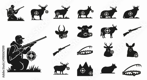 Silhouetted hunters, game animals, and hunting equipment icons with targets