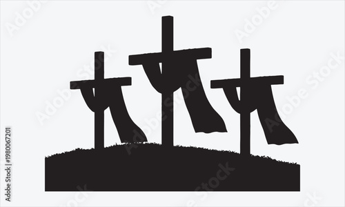 Three Easter Crosses on Hilltop with Flowing White Fabric, Sunrise Background Removed