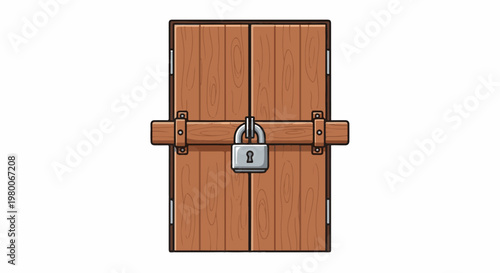 Wooden double doors secured with a metal padlock and wooden bar