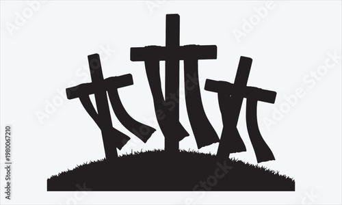 Three Easter Crosses on Hilltop with Flowing White Fabric, Sunrise Background Removed