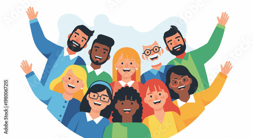 Diverse group of people smiling and waving, celebrating togetherness