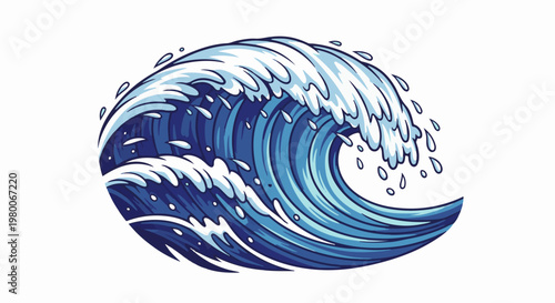 Stylized blue ocean wave with white foam and droplets, isolated on white