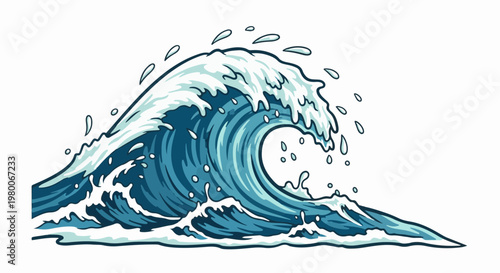 Artistic illustration of a powerful, curling ocean wave with white crests