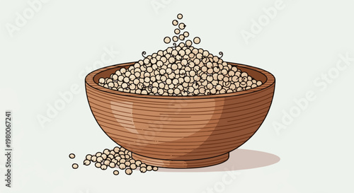 A brown wooden bowl overflowing with light-colored beans, some spilled