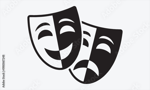 Transparent Background Black and White Drama Masks Symbol, Minimalist Flat Design