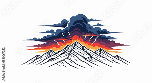 Stormy mountain peaks erupt with fire and lightning amidst dark clouds