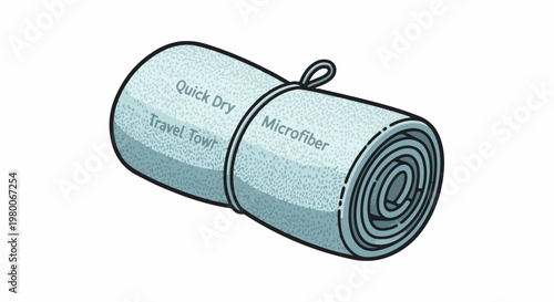 Rolled quick dry microfiber travel towel secured with a tie