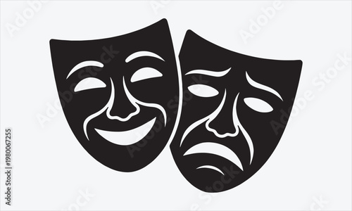 Transparent Background Black and White Drama Masks Symbol, Minimalist Flat Design