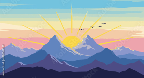 Mountains bathed in sunrise, with rays and birds flying