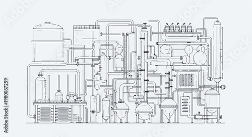 Detailed industrial plumbing diagram with tanks, pipes, and gauges