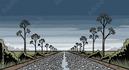 Desolate road lined with sparse trees under a stormy, overcast sky