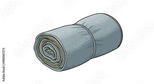 A rolled-up sleeping bag secured with a strap on a white background