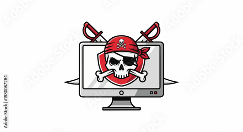Computer monitor displays skull and crossbones, symbolizing digital piracy