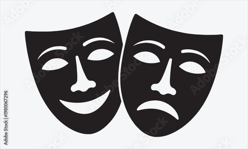 Transparent Background Black and White Drama Masks Symbol, Minimalist Flat Design