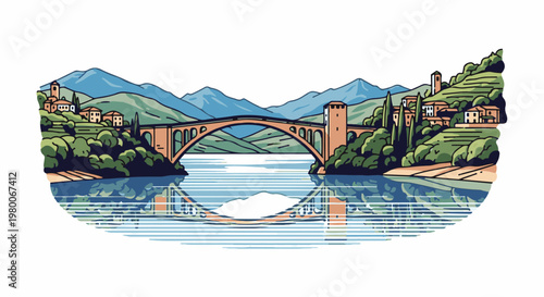 An arched bridge spans a tranquil river, reflecting a picturesque village on a verdant hillside