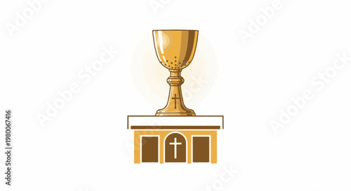 Ornate golden chalice on a decorated altar with a cross symbol