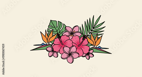 Tropical flowers and leaves arranged in a decorative cluster