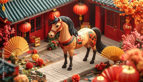Ceramic Horse Figurine in Chinese Temple Setting.