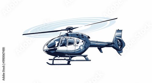 A blue and white helicopter with rotor blades spins in the air