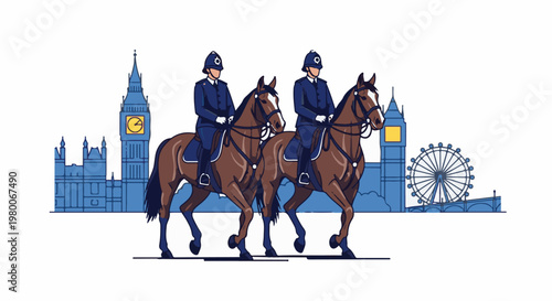 Two mounted police officers ride in front of a London skyline