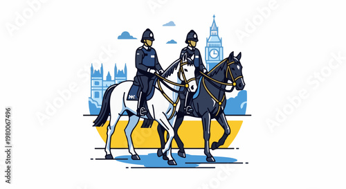 Mounted police officers on horseback in front of iconic London landmarks
