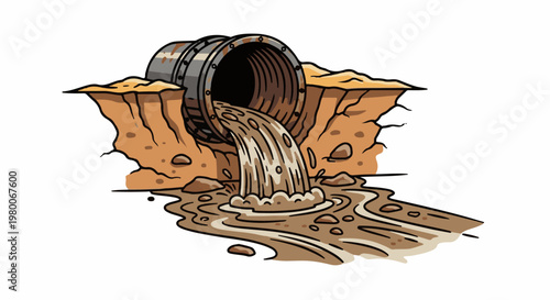 Rusty pipe releases muddy water into the ground, creating a polluted stream