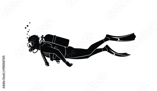 A detailed illustration showcases a scuba diver in mid dive equipped with full gear and fins presented as a striking silhouette high quality professional