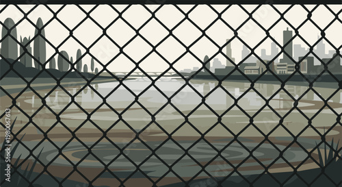 Chain-link fence obscures a hazy cityscape and river view at dusk