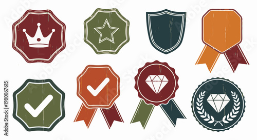 Vintage award seals with badges featuring crowns, stars, shields, checkmarks, and diamonds
