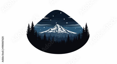 Snowy mountain peak surrounded by dark pine forest under starry night